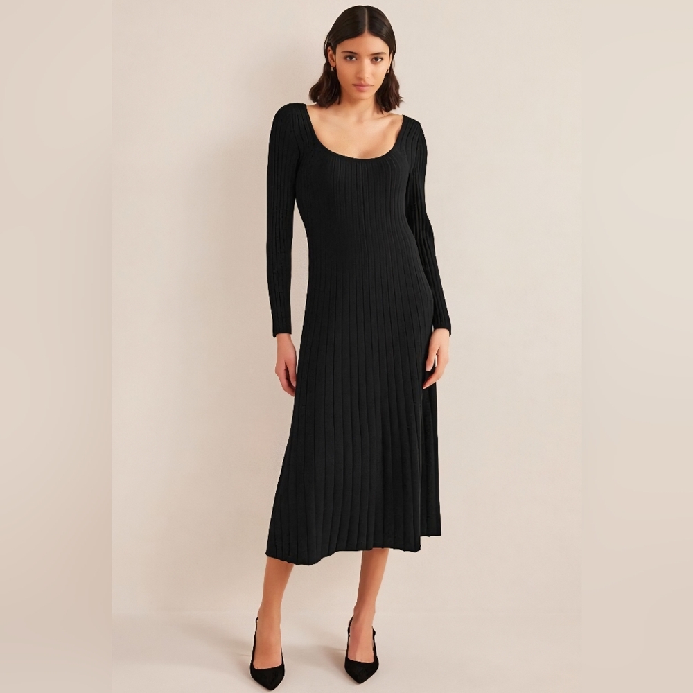 Boden NWT Scoop Neck Black Cozy Knit Long Sleeve Midi-length Stretch Aline Sz 6